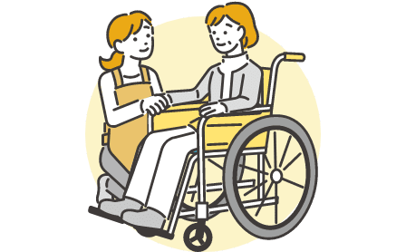 介護スタッフと車椅子に乗る女性のイラスト